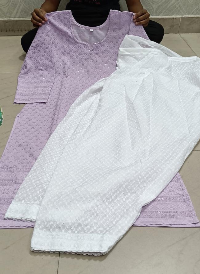 Light Purple Pure Cotton Traditional Wear Lucknowi Work Kurti With Pant