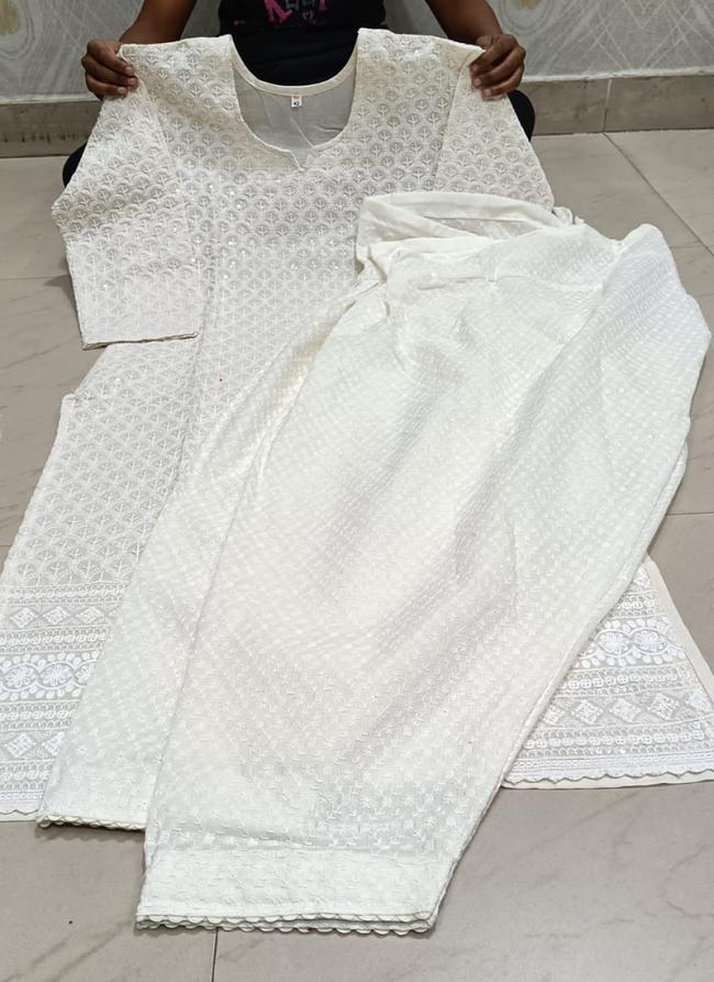 White Pure Cotton Traditional Wear Lucknowi Work Kurti With Pant