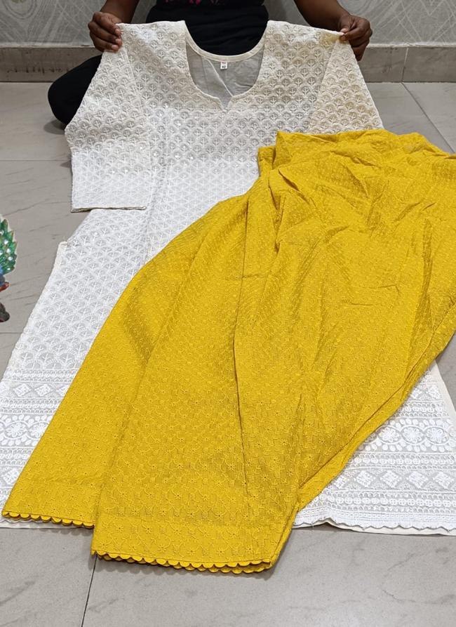 Yellow Pure Cotton Traditional Wear Lucknowi Work Kurti With Pant