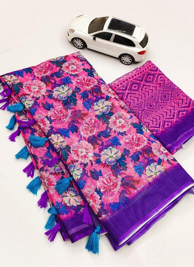 Dark Pink Linen Regular Wear Digital Printed Saree