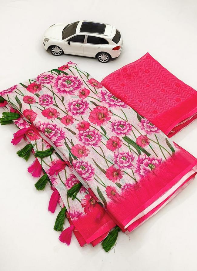 Pink Linen Regular Wear Digital Printed Saree