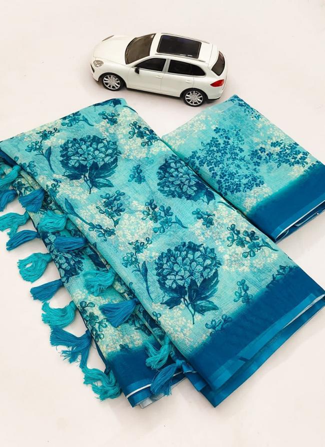 Sky Blue Linen Regular Wear Digital Printed Saree