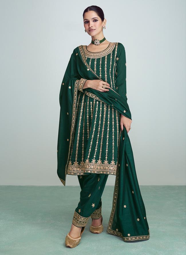 Bottle Green Silk Wedding Wear Embroidery Work Salwar Suit