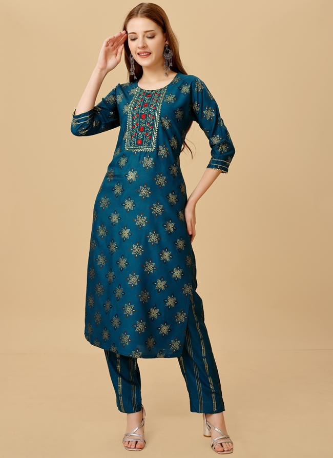 Rama Rayon Casual Wear Embroidery Work Kurti With Pant