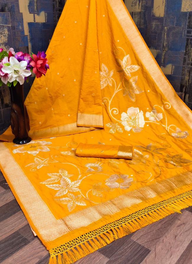 Yellow Raw Silk Festival Wear Weaving Saree