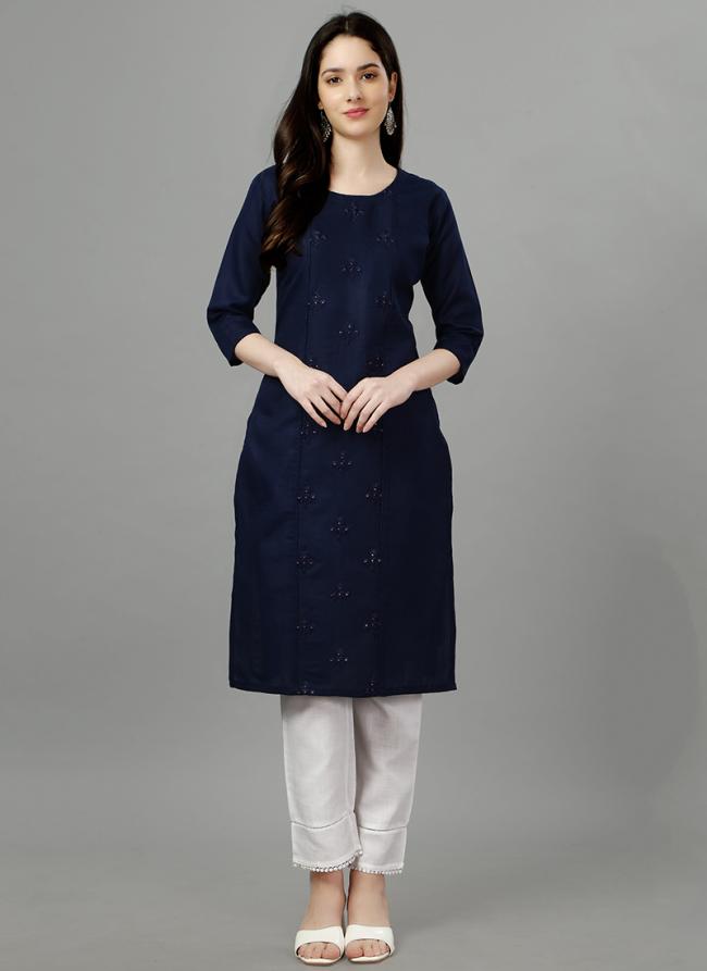 Navy blue Cotton Casual Wear Embroidery Work Kurti