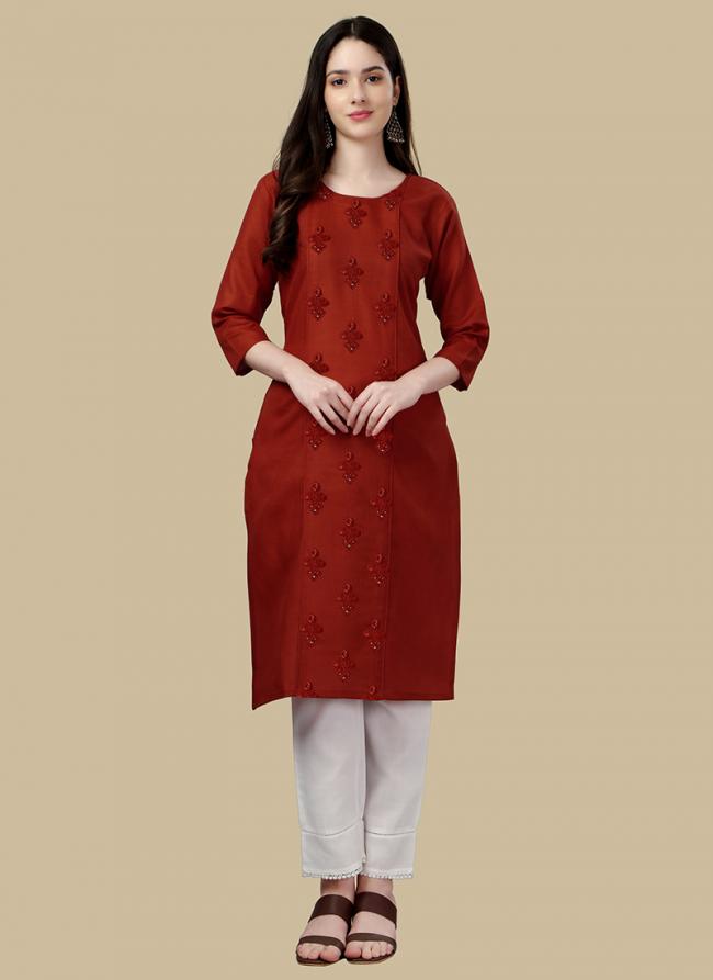 Red Cotton Casual Wear Embroidery Work Kurti