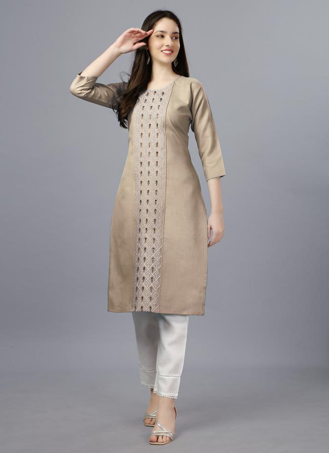 Beige Cotton Daily Wear Embroidery Work Kurti