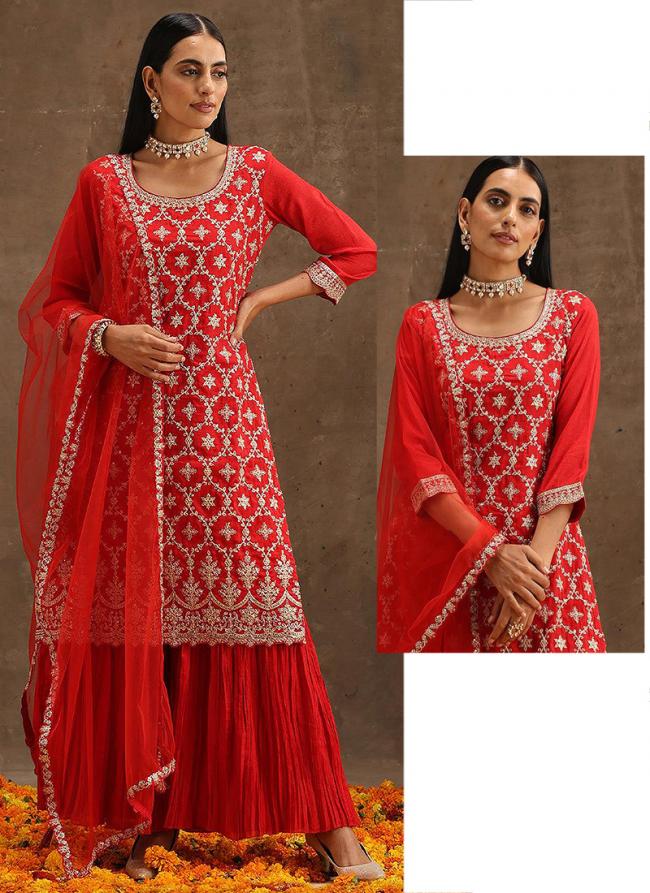 Red Georgette Festival Wear Embroidery Work Palazzo Suit