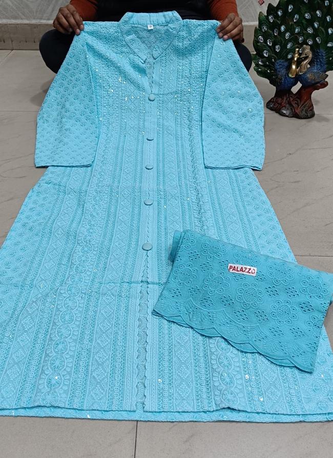 Sea Green Pure Cotton Traditional Wear Sequins Work Kurti With Palazzo