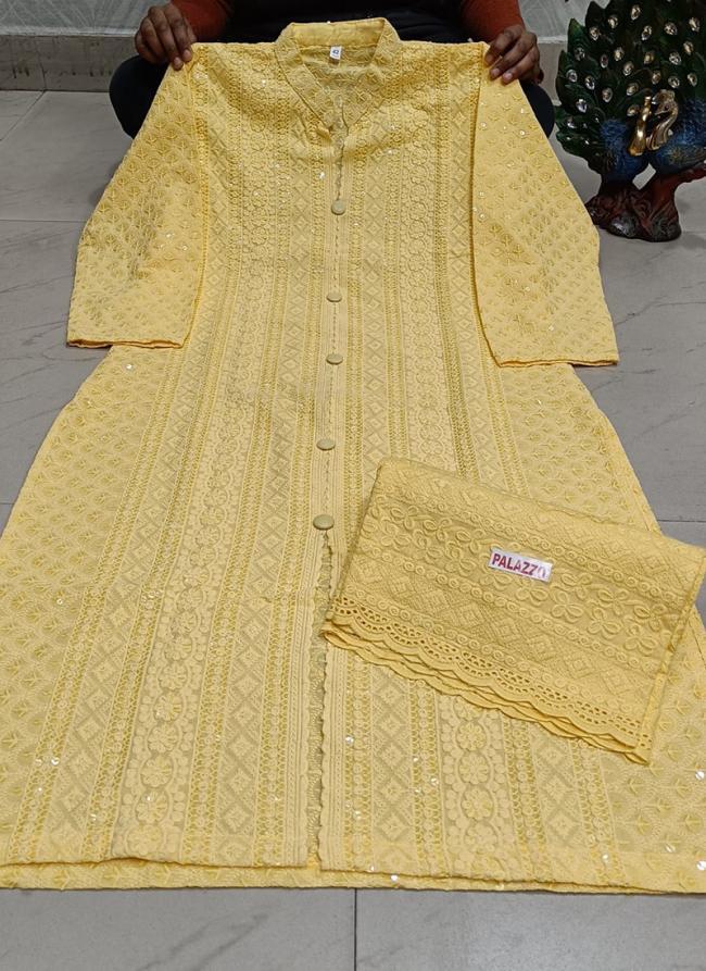 Yellow Pure Cotton Traditional Wear Sequins Work Kurti With Palazzo
