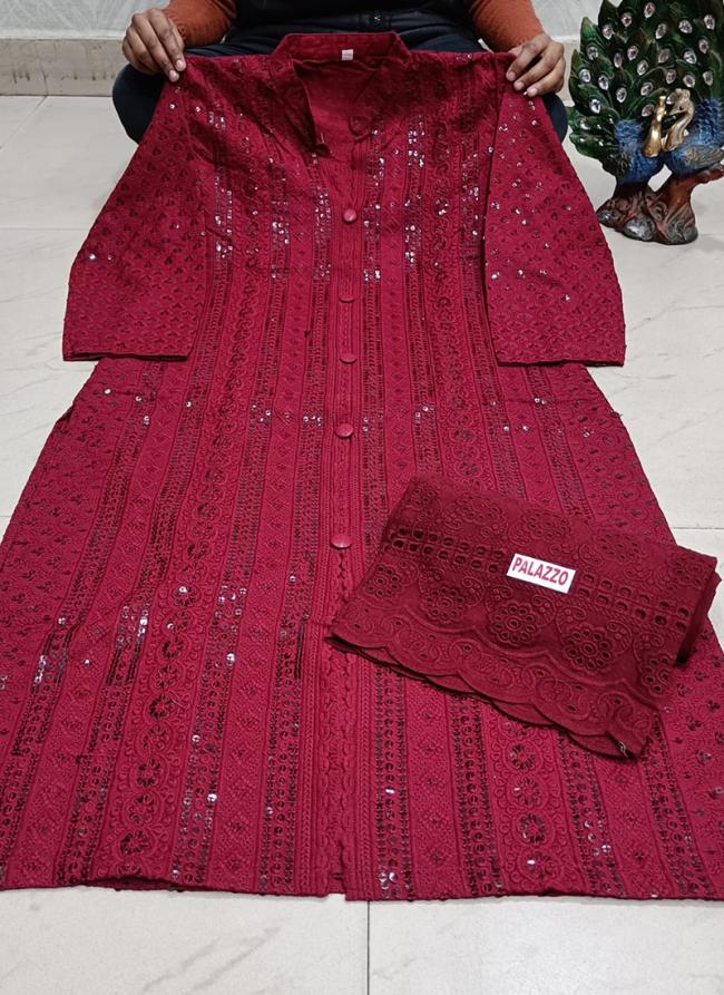 Maroon Pure Cotton Traditional Wear Sequins Work Kurti With Palazzo