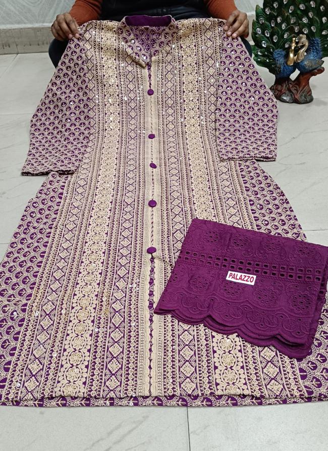 Purple Pure Cotton Traditional Wear Sequins Work Kurti With Palazzo