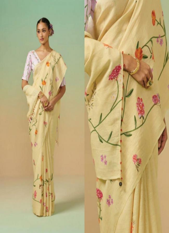 Yellow Linen Daily Wear Digital Printed Saree