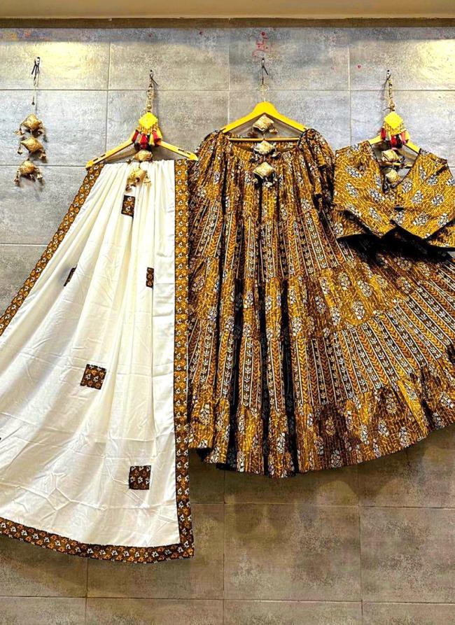 Mustard Cotton Navratri Wear Printed Work Ready To Wear Lehenga Choli