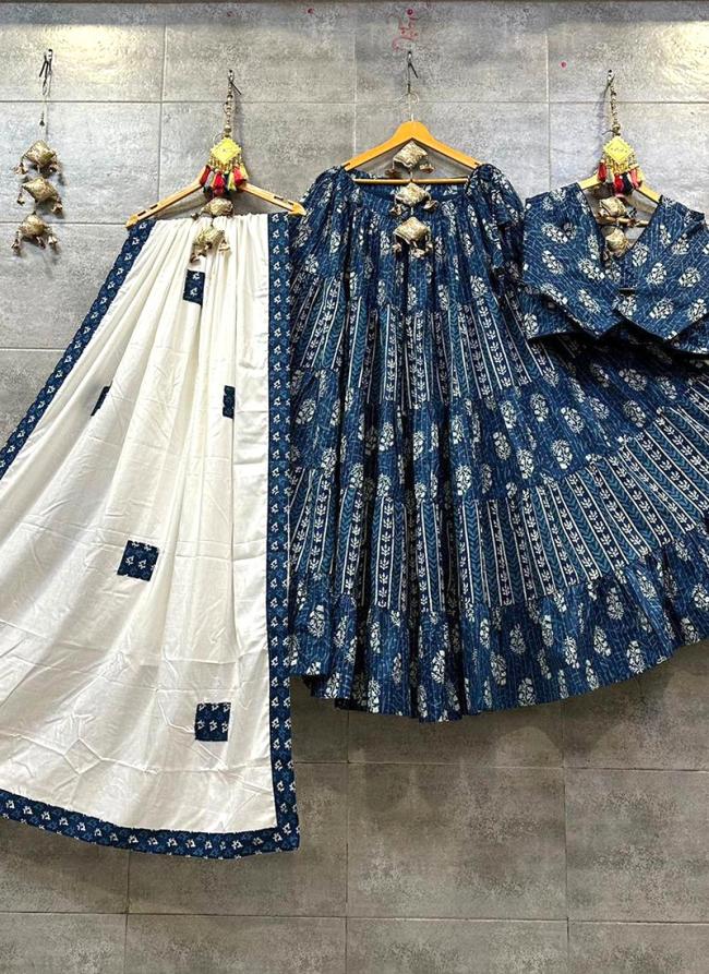 Navy blue Cotton Navratri Wear Printed Work Ready To Wear Lehenga Choli