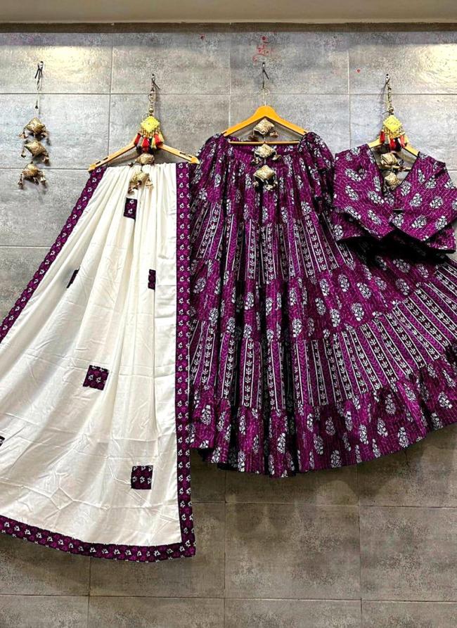 Wine Cotton Navratri Wear Printed Work Ready To Wear Lehenga Choli