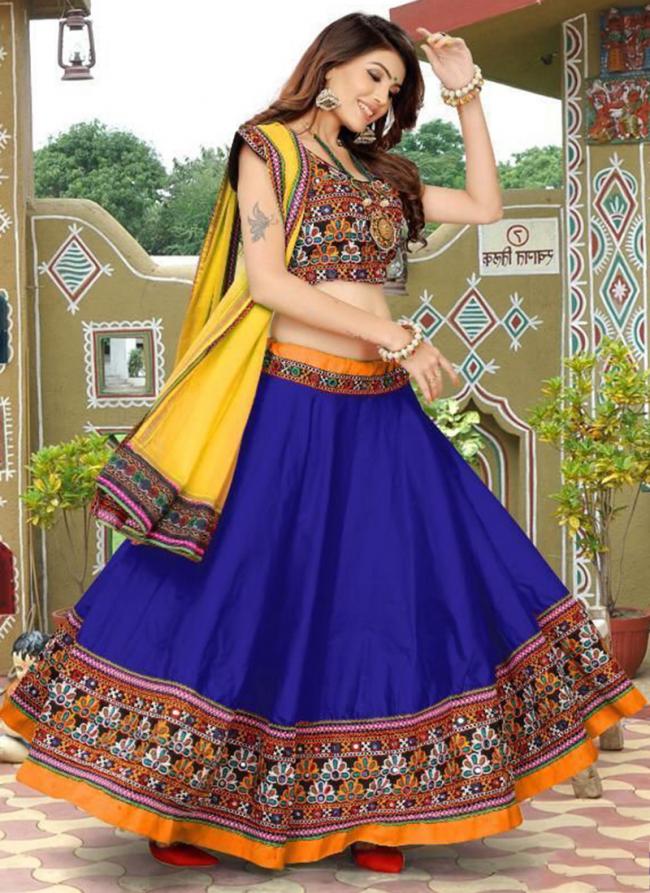 Blue Cotton Navratri Wear Mirror Work Ready To Wear Lehenga Choli