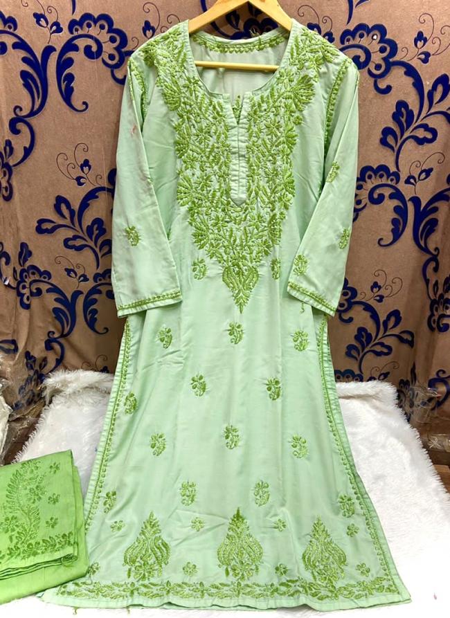Light Green Cotton Festival Wear Lucknowi Kurti With Pant