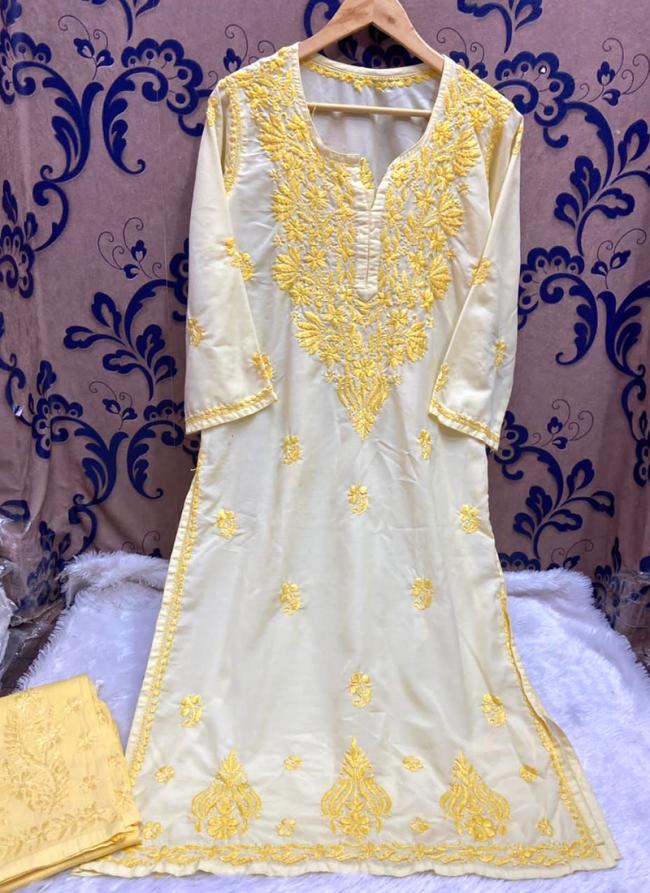 Yellow Cotton Festival Wear Lucknowi Kurti With Pant