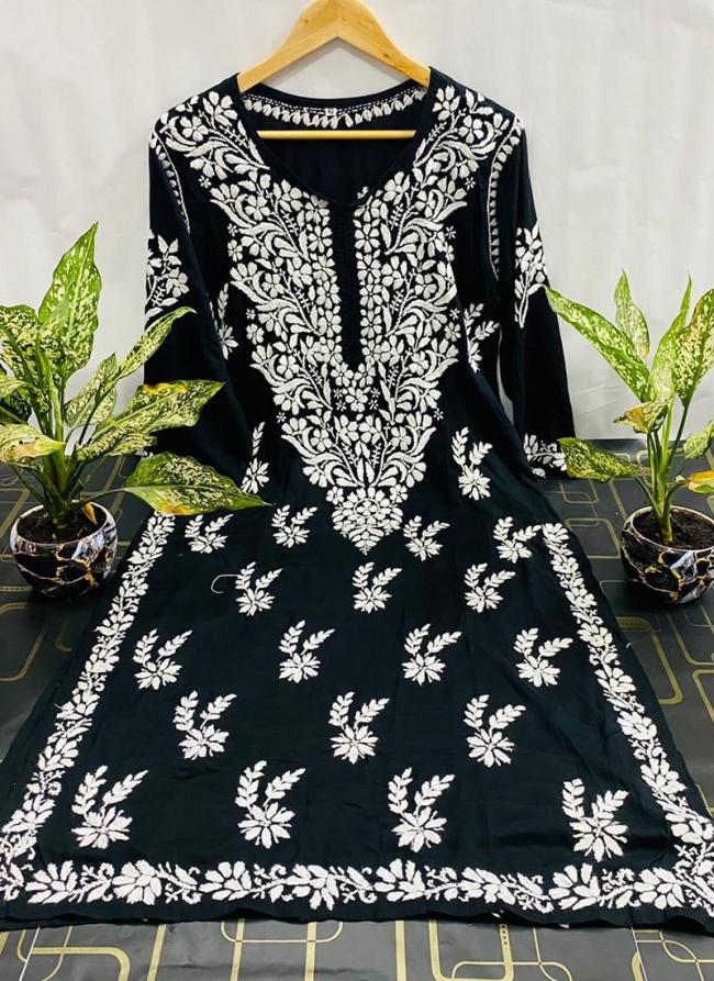 Black Modal Silk Traditional Wear Lucknowi Kurti