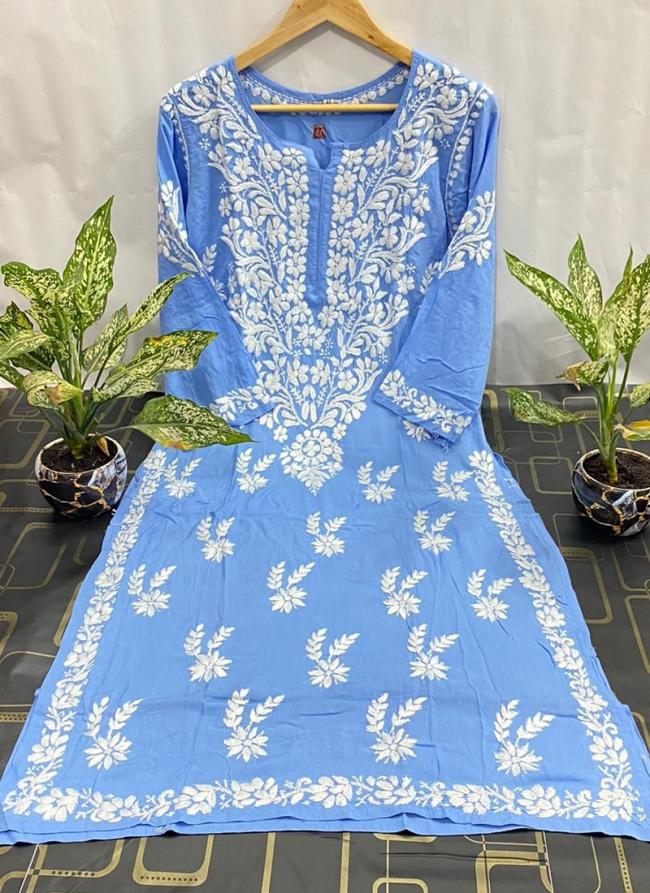 Blue Modal Silk Traditional Wear Lucknowi Kurti