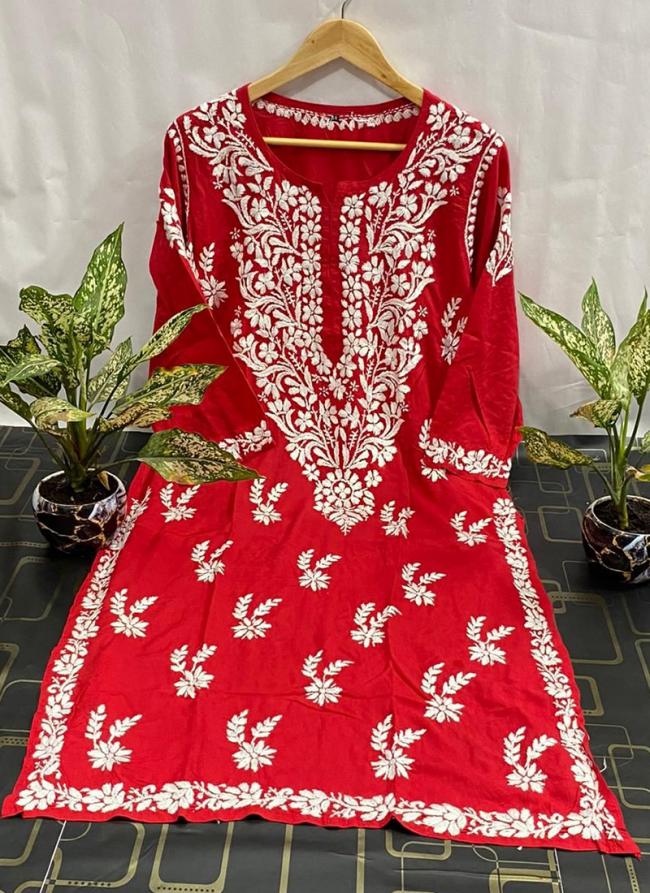 Red Modal Silk Traditional Wear Lucknowi Kurti