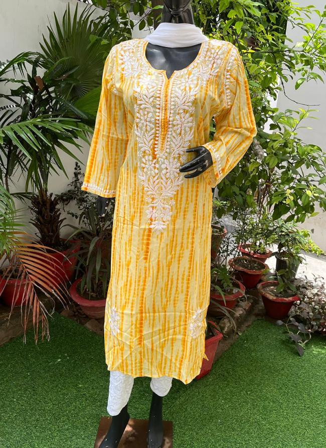 Yellow Malmal Cotton Festival Wear Lucknowi Kurti Pant Dupatta