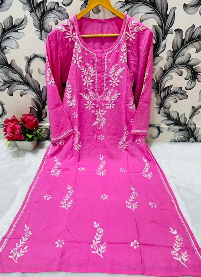 Pink Rayon Traditional Wear Lucknowi Kurti