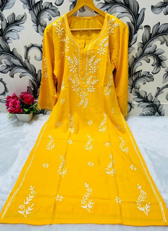 Yellow Rayon Traditional Wear Lucknowi Kurti