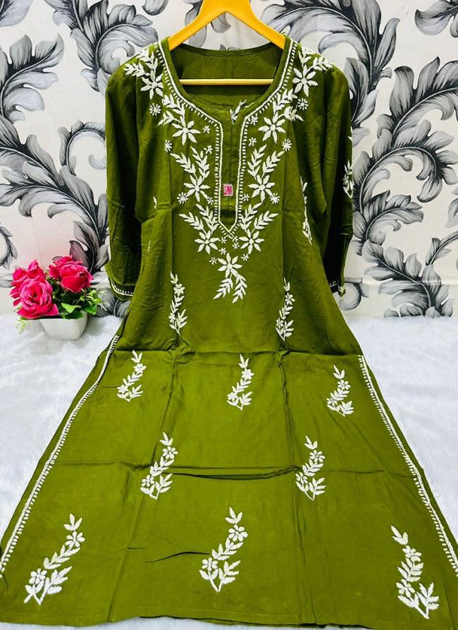 Olive Green Rayon Traditional Wear Lucknowi Kurti