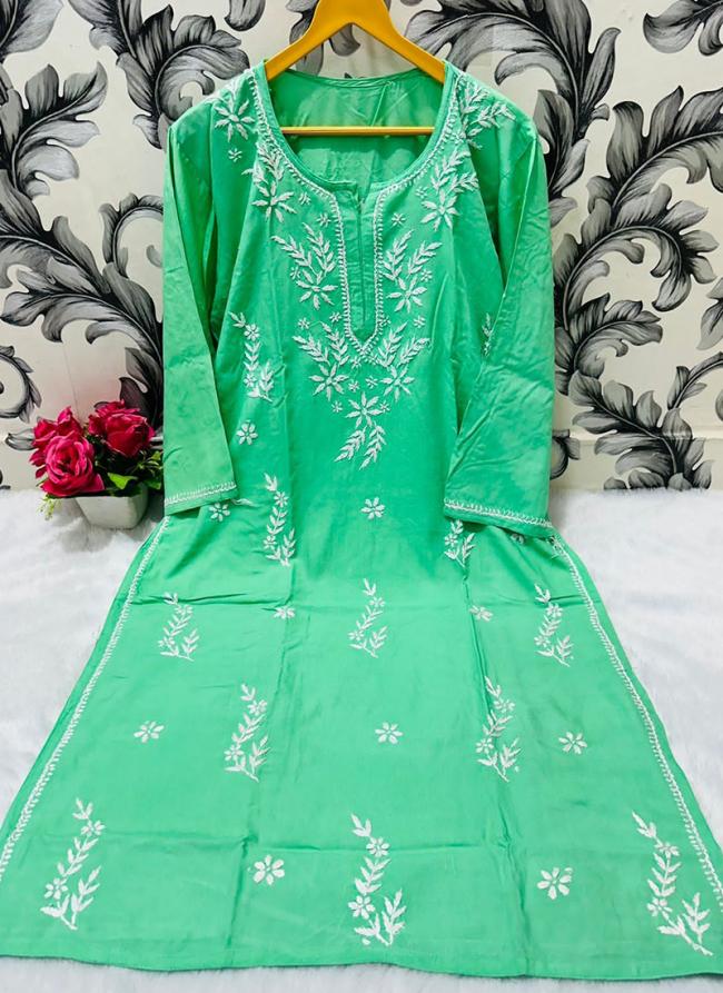 Sea Green Rayon Traditional Wear Lucknowi Kurti