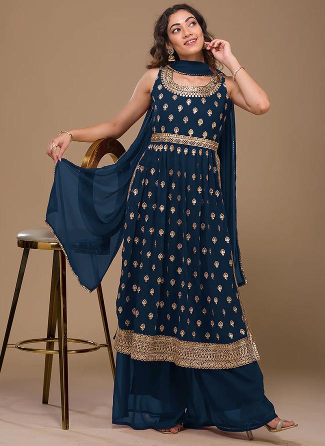 Blue Faux Georgette Party Wear Embroidery Work Palazzo Suit