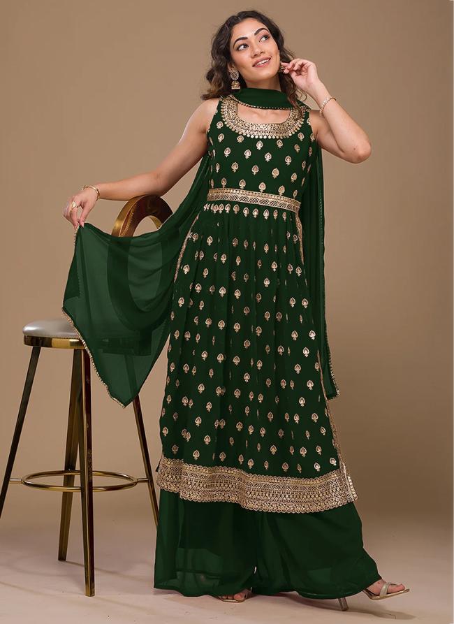 Bottle Green Faux Georgette Party Wear Embroidery Work Palazzo Suit