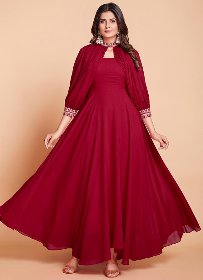 Red Faux Georgette Party Wear Embroidery Work Gown