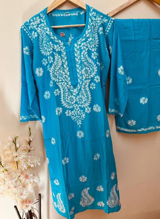 Blue Rayon Traditional Wear Lucknowi Kurti With Pant