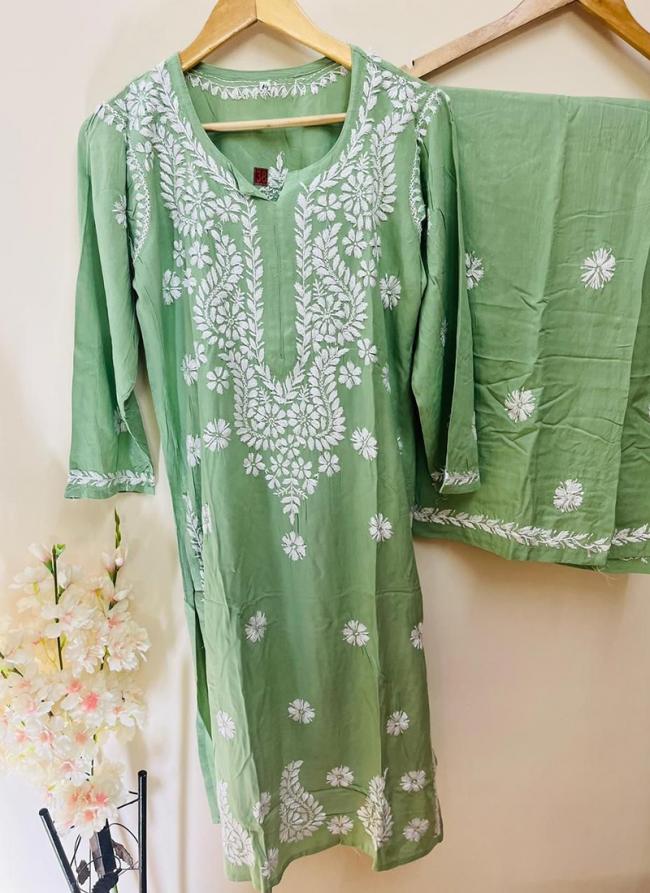 Green Rayon Traditional Wear Lucknowi Kurti With Pant