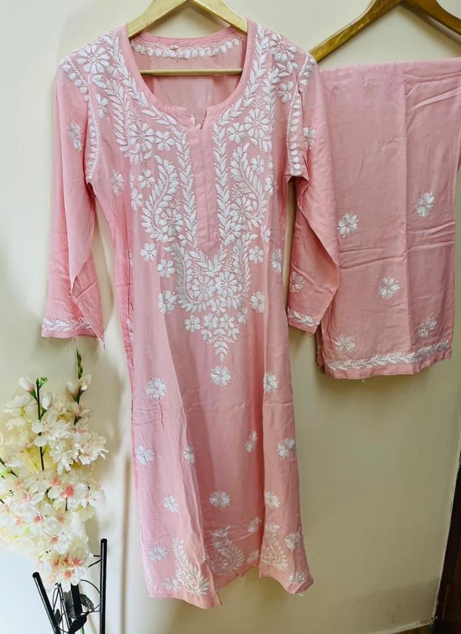 Pink Rayon Traditional Wear Lucknowi Kurti With Pant