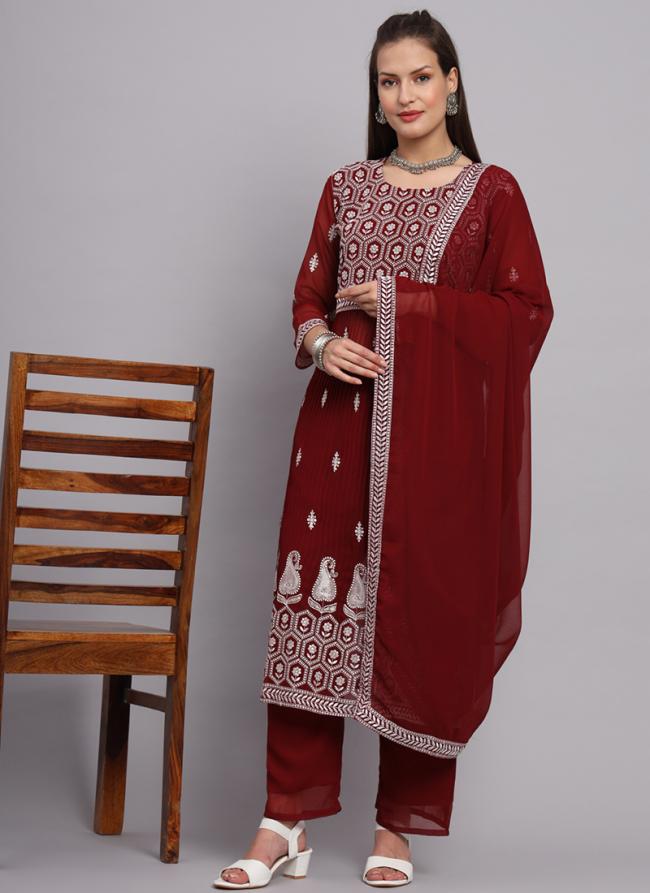 Maroon Faux Georgette Festival Wear Embroidery Work Readymade Salwar Suit