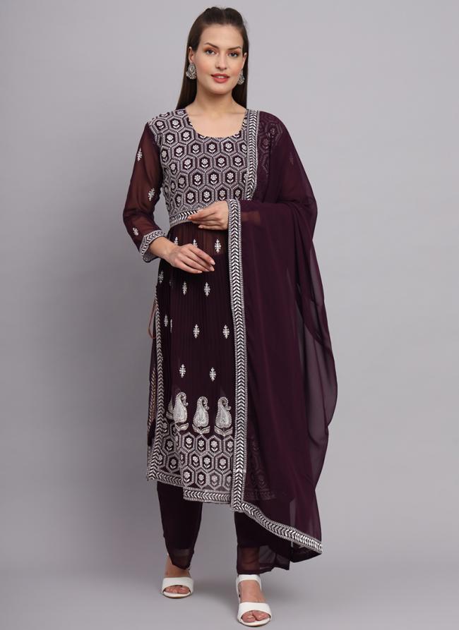 Wine Faux Georgette Festival Wear Embroidery Work Readymade Salwar Suit