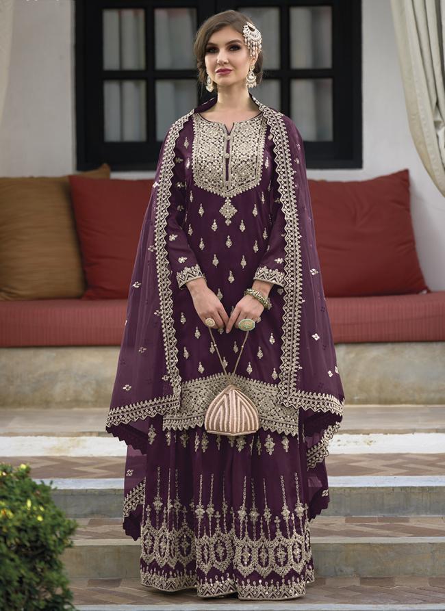 Wine Silk Wedding Wear Embroidery Work Readymade Salwar Suit