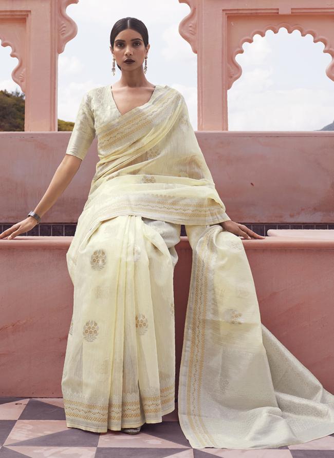 Cream Pure Linen Party Wear Weaving Saree