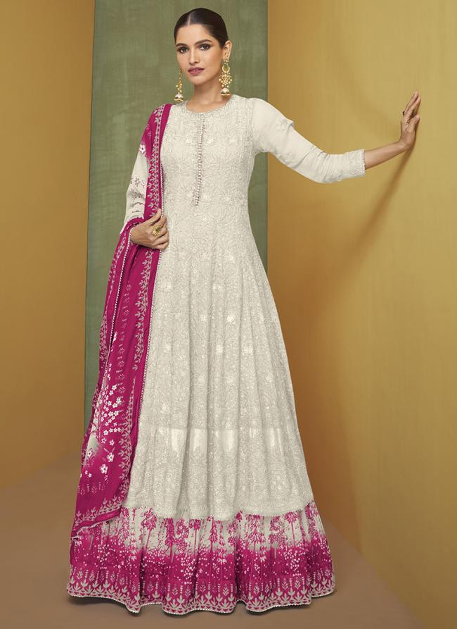 White Faux Georgette Festival Wear Sequins Work Gown With Dupatta