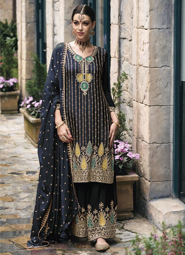 Navy blue Chinnon Wedding Wear Embroidery Work Palazzo Suit