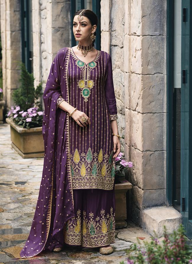 Purple Chinnon Wedding Wear Embroidery Work Palazzo Suit