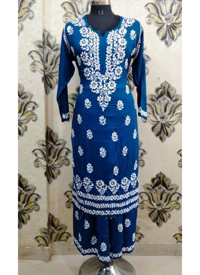 Blue Rayon Traditional Wear Lucknowi Kurti With Palazzo