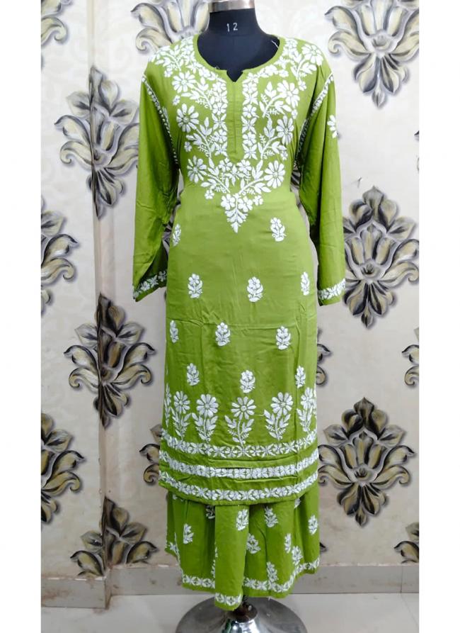 Light Green Rayon Traditional Wear Lucknowi Kurti With Palazzo