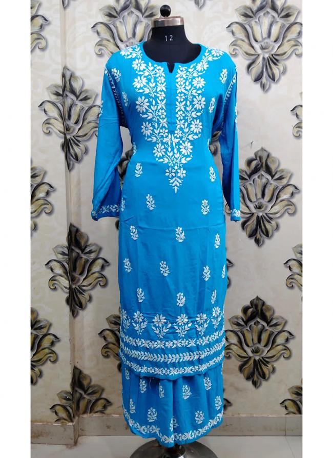 Sky Blue Rayon Traditional Wear Lucknowi Kurti With Palazzo