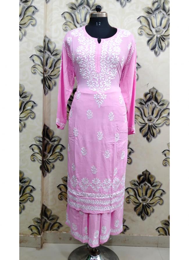 Pink Rayon Traditional Wear Lucknowi Kurti With Palazzo