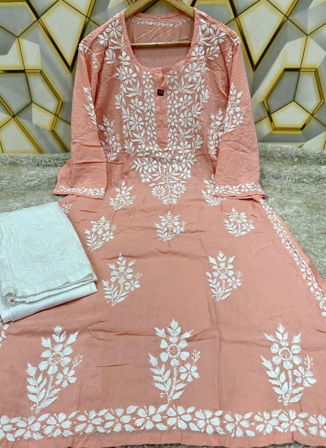 Peach Modal Cotton Festival Wear Lucknowi Kurti With Palazzo
